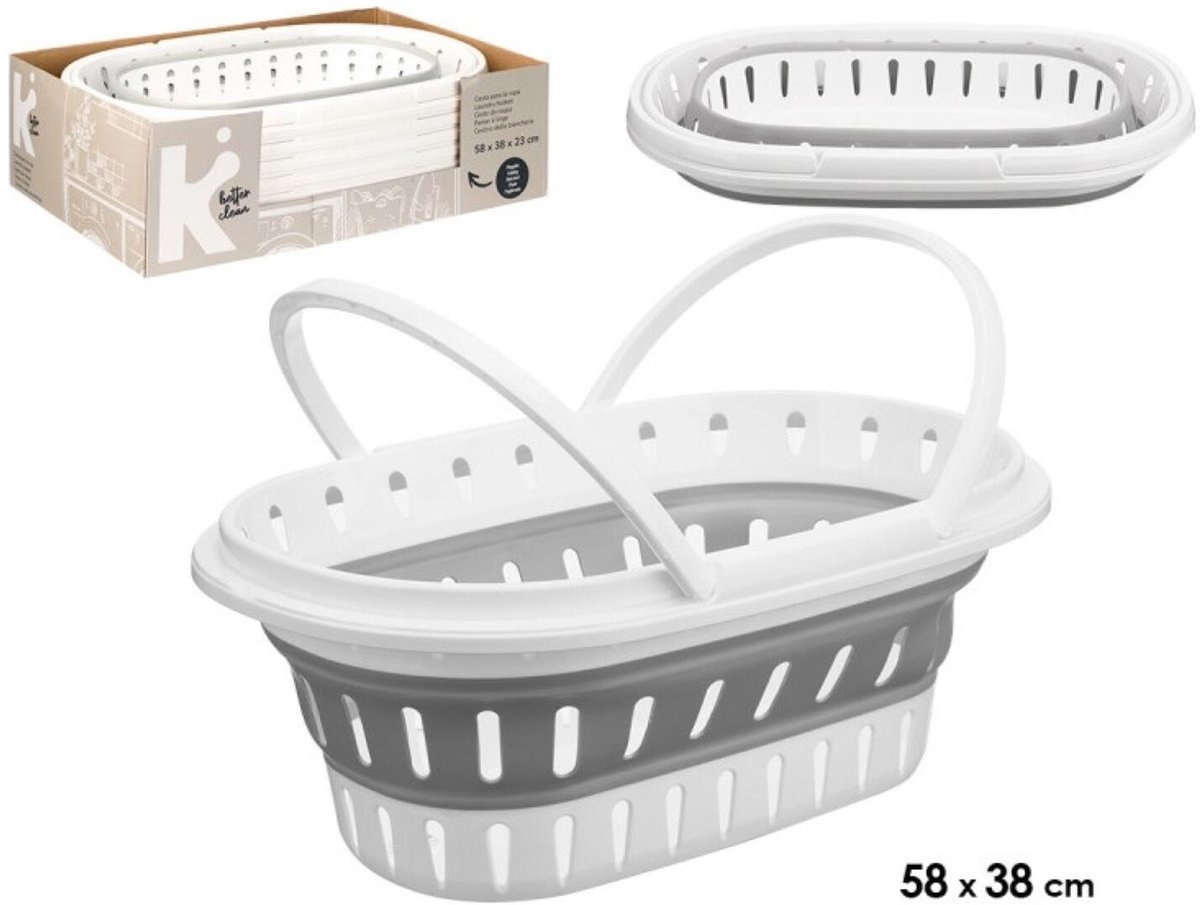 Kipit draagmand wasmand - opvouwbaar - kunststof - 49 Liter - grijs/wit - 58 x 38 x 23 cm - met hengsels - huishoud/camping — cadeau in Cadeau-ideeën - foto 2
