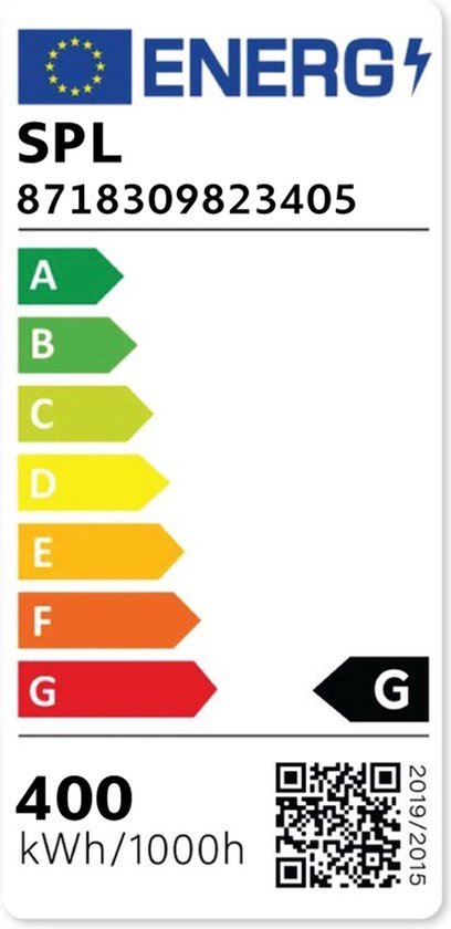 Energie-etiket met klasse G en vermelding 400 kWh/1000h.