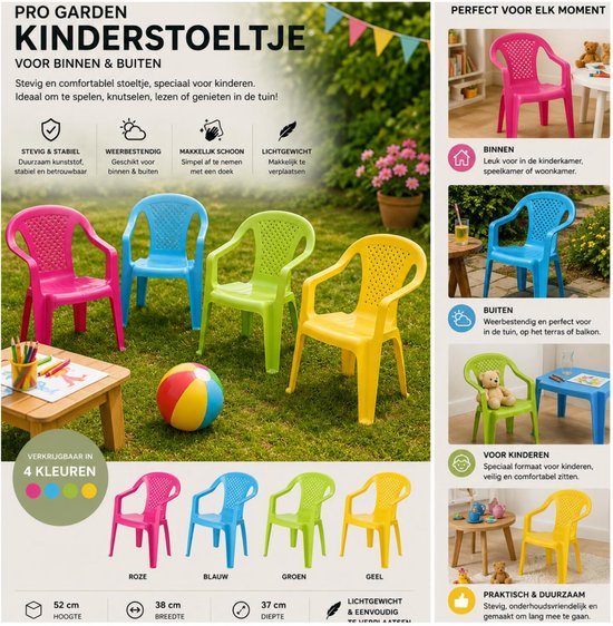 Pro Garden Stoeltjes voor kinderen - 2x - blauw - 38 x 52 cm - voor binnen en buiten - kunststof - voor kinderen van 3 tot 7/8 jaar - stapelbaar van Pro Garden — afbeelding 5