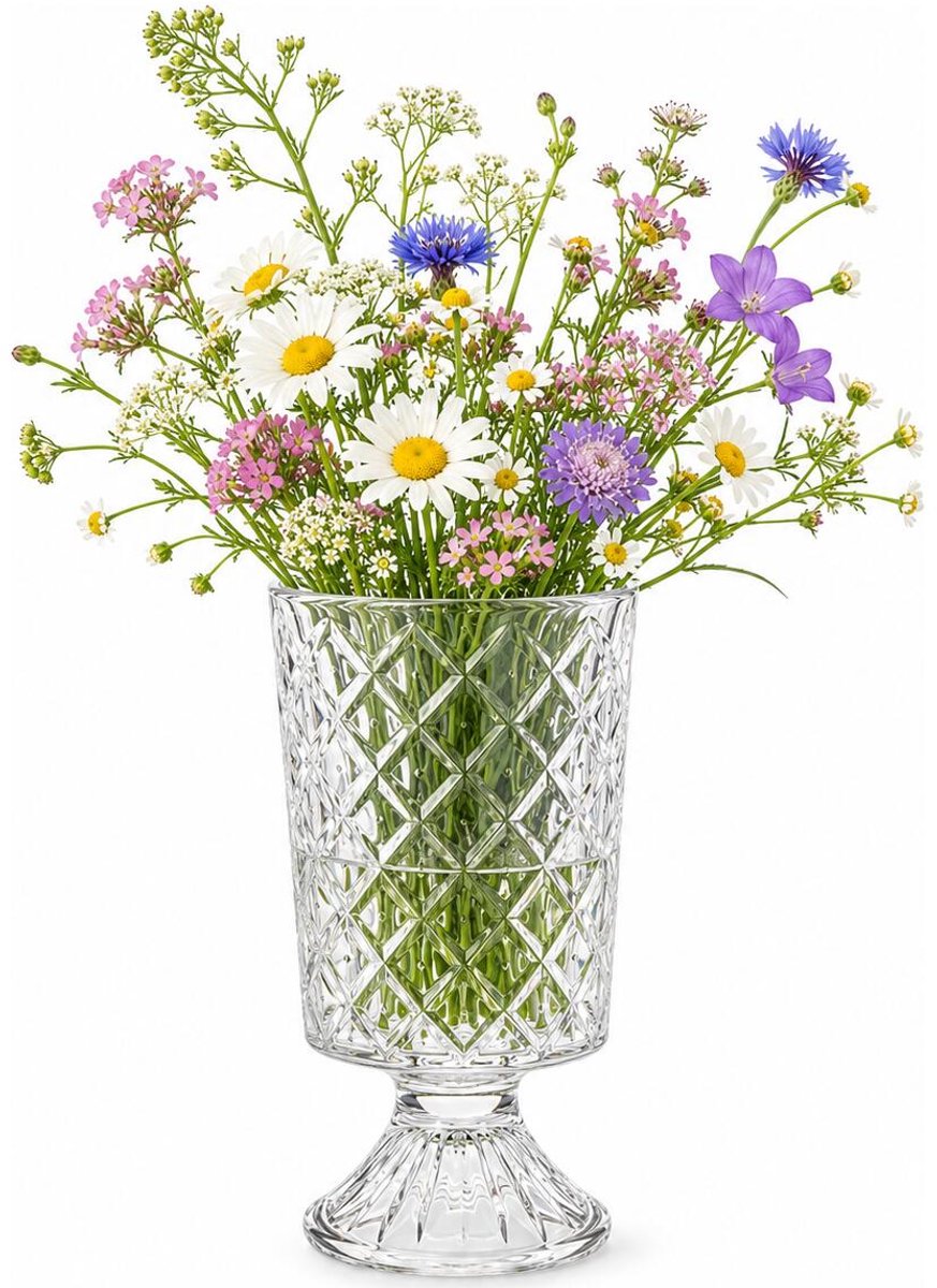 Alessandro bloemenvaas Samuray - transparant bewerkt glas - H23 cm - cilinder vorm - op voet