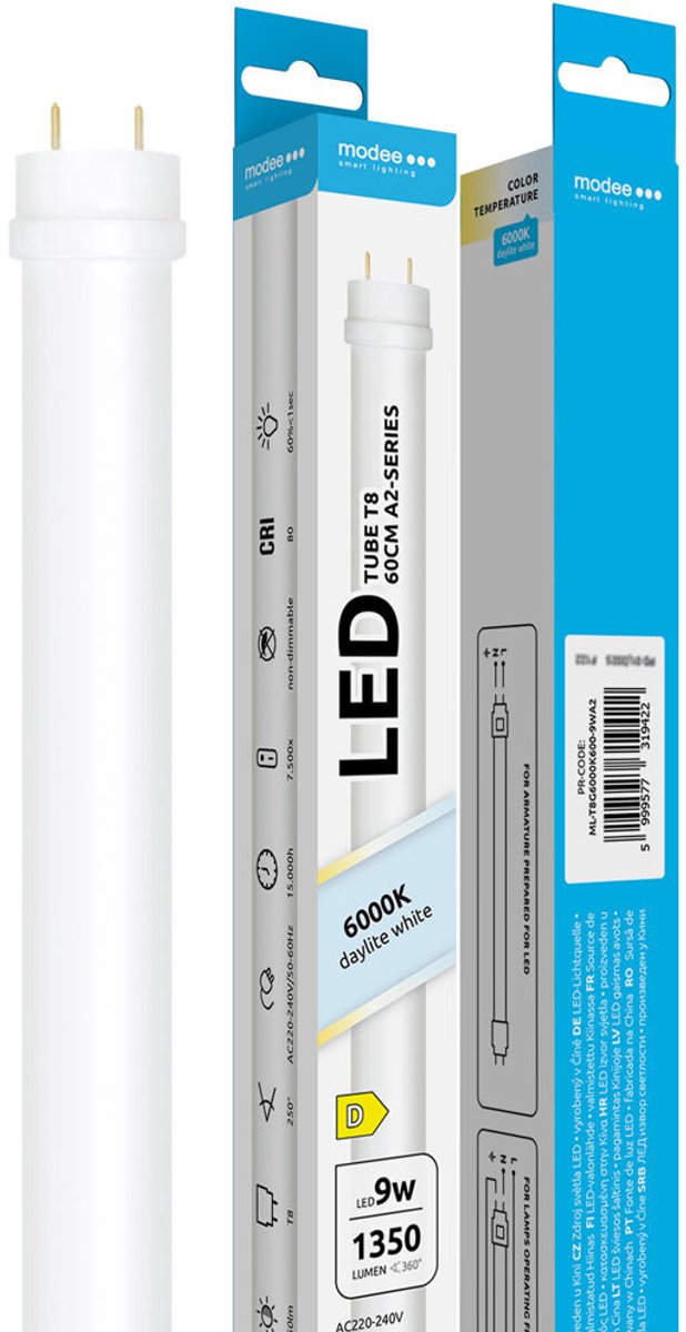 Modee LED TL-buis T8 G13 - 9W 1350lm 6000K - Koel Wit Licht - 600mm - A2-serie - 1 stuk