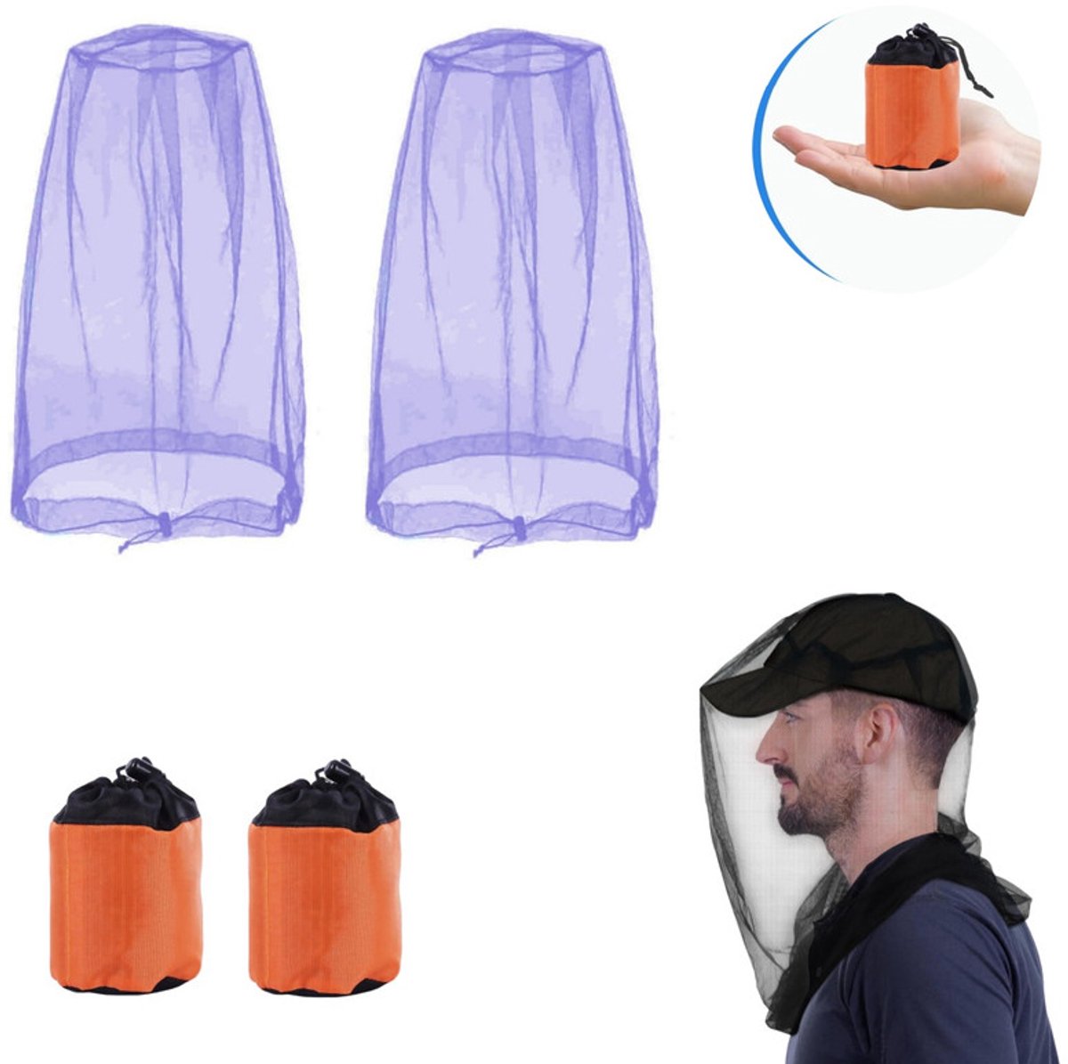 Anti-muggenhoofdnet (set van 2) – Muggenwerend hoofdnet voor de zomer / Insectenwerende gezichtssluier – Gaasnet voor kamperen, wandelen, vissen en tuinieren – Extra groot en extra lang – Ultrafijn gaas – 53 x 66 cm
