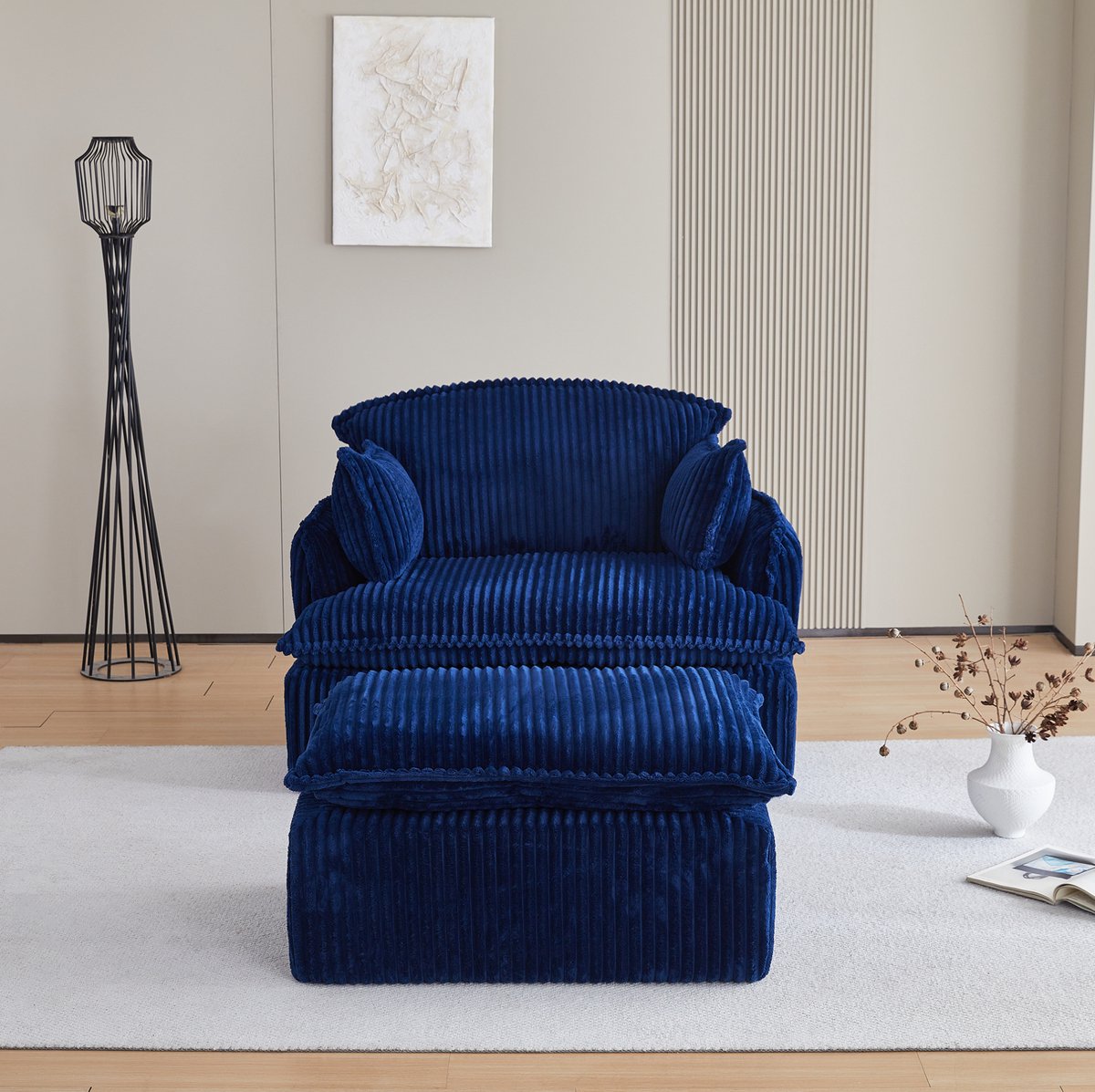 MIVRAY Fauteuil 115 x 89 x 77 cm - Met Hocker En Zachte Zitting Voor Kleine Ruimtes En Woonkamer - Ribstof - Blauw