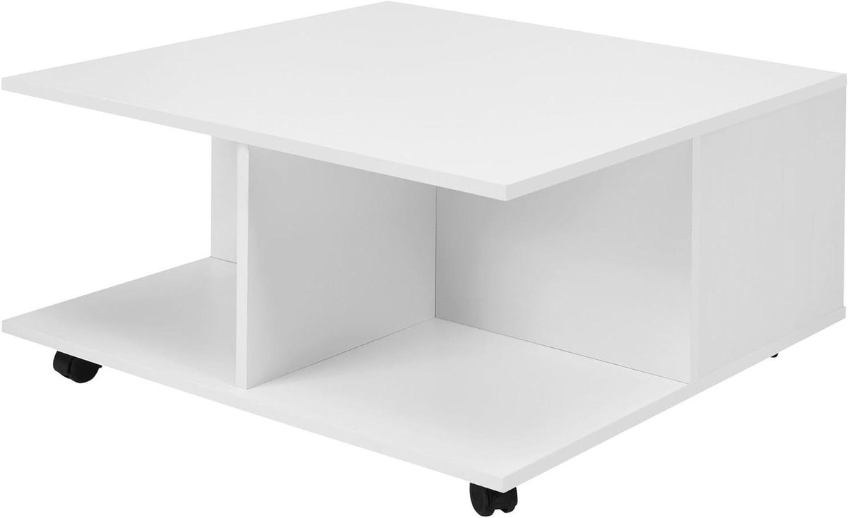 Salontafel Vierkant - Bijzettafel Woonkamer - Opbergen en Decoreren - Met Wielen en Laden - 70 x 70 cm - Wit