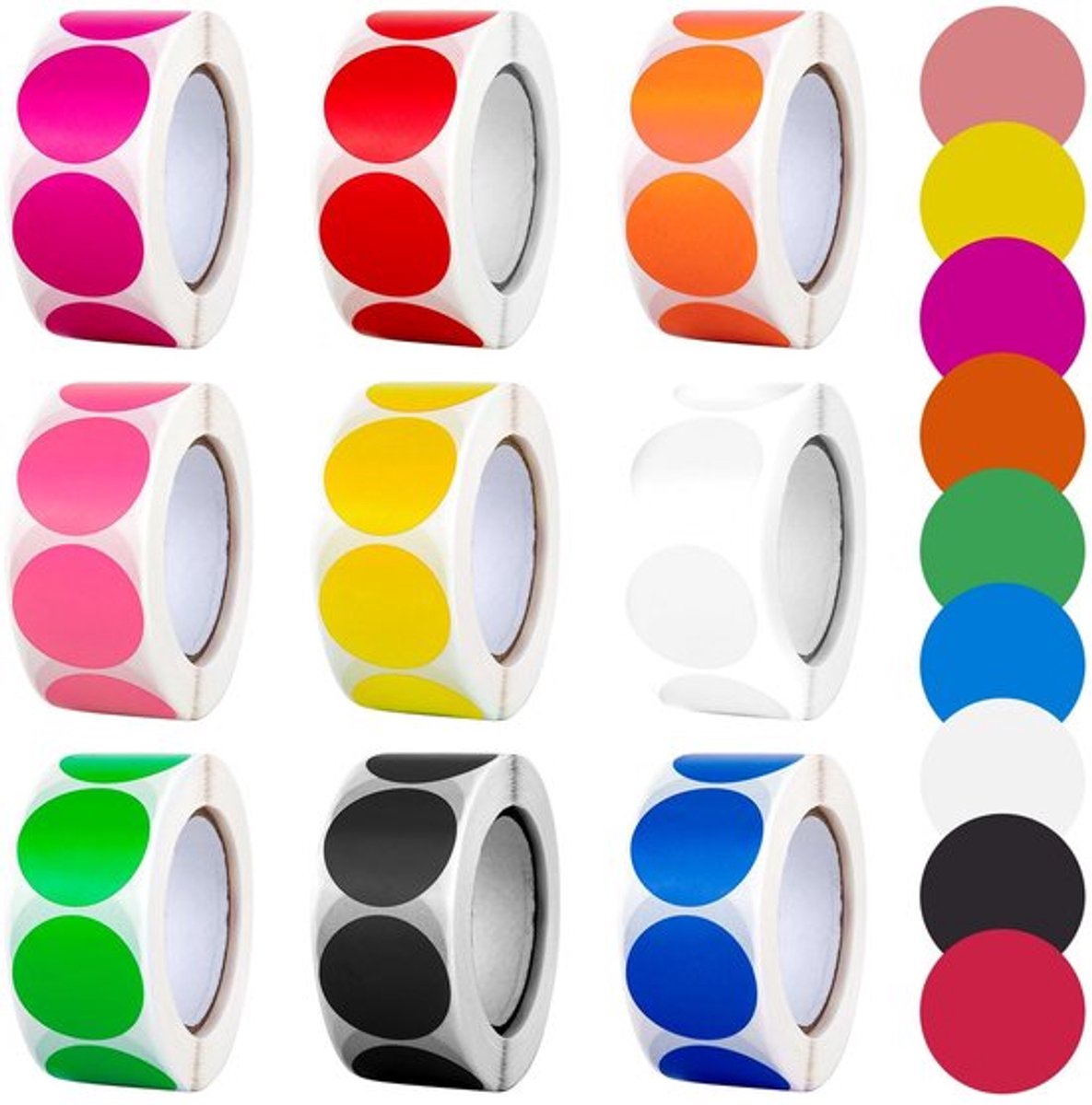 Ronde Stickers, 4500 Stuks, 25 mm, Zelfklevende Labels, Ronde Labels voor DIY Scrapbooking, Kalender, Planner, Diameter 25 mm, 9 Kleuren (9 Rollen)