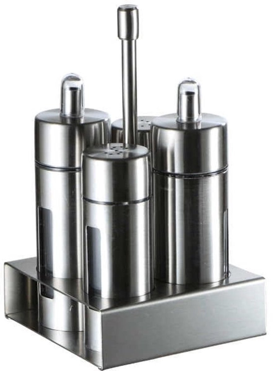 Olie- En Azijndispenserset, 304 Roestvrijstalen Cruetset Met Zoutpeperschudbekers, Olijfoliefles, Azijncontainer, Stijlvolle Basisstandaard Voor Gebruik In De Keuken, Restaurant