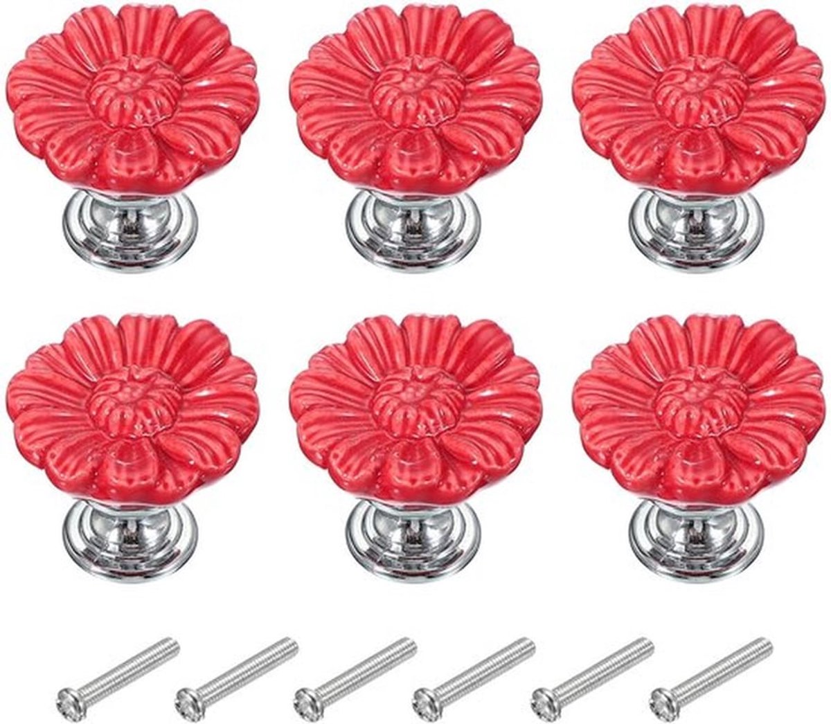 Vintage Flower Knobs 1-5/16 Inch - 6 Stuks Ronde Keramische Ladeknoppen - Rode Deurklinken met Schroeven