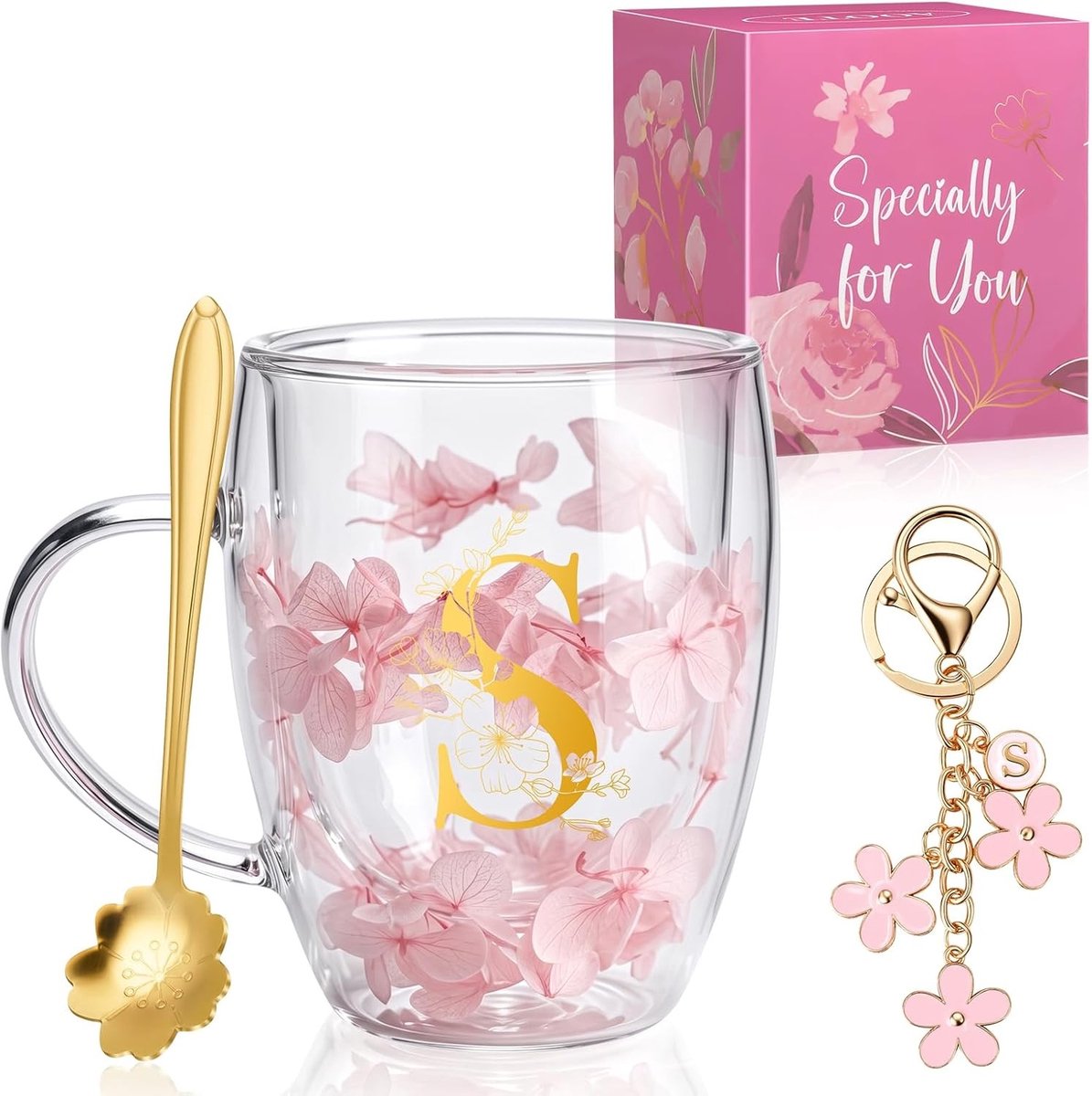 Dubbelwandige Glazen Theekopjes met Gedroogde Bloemen en Lepel, Perfect voor Thee- en Koffieliefhebbers, Uniek Cadeau voor Moederdag en Kerst, 350 ml
