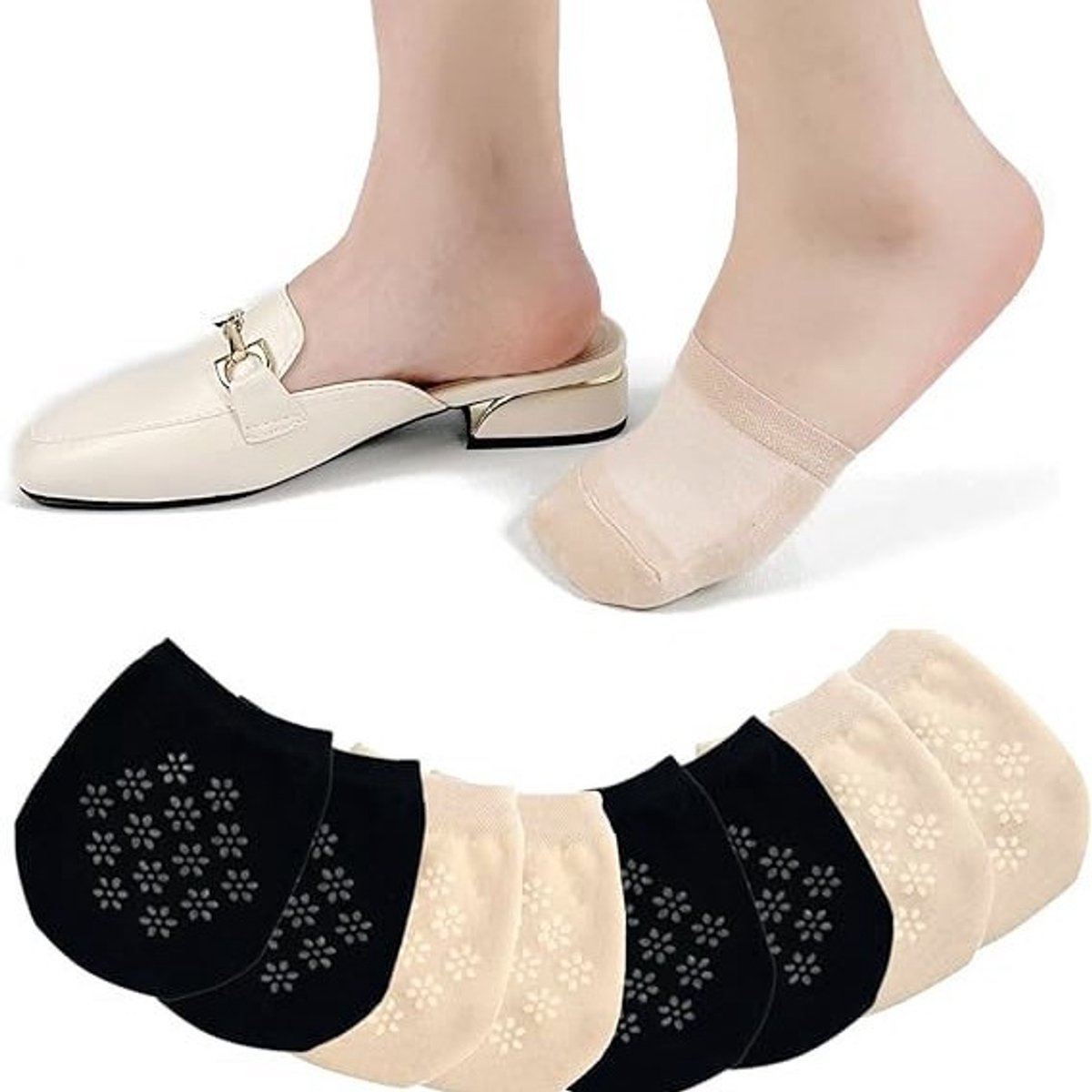 Anti-slip Invisible Sokken voor Dames -Onzichtbare Dames Voetjes Sokken Set van 4 - Anti-slip Siliconen Zool, Ademend Katoen
