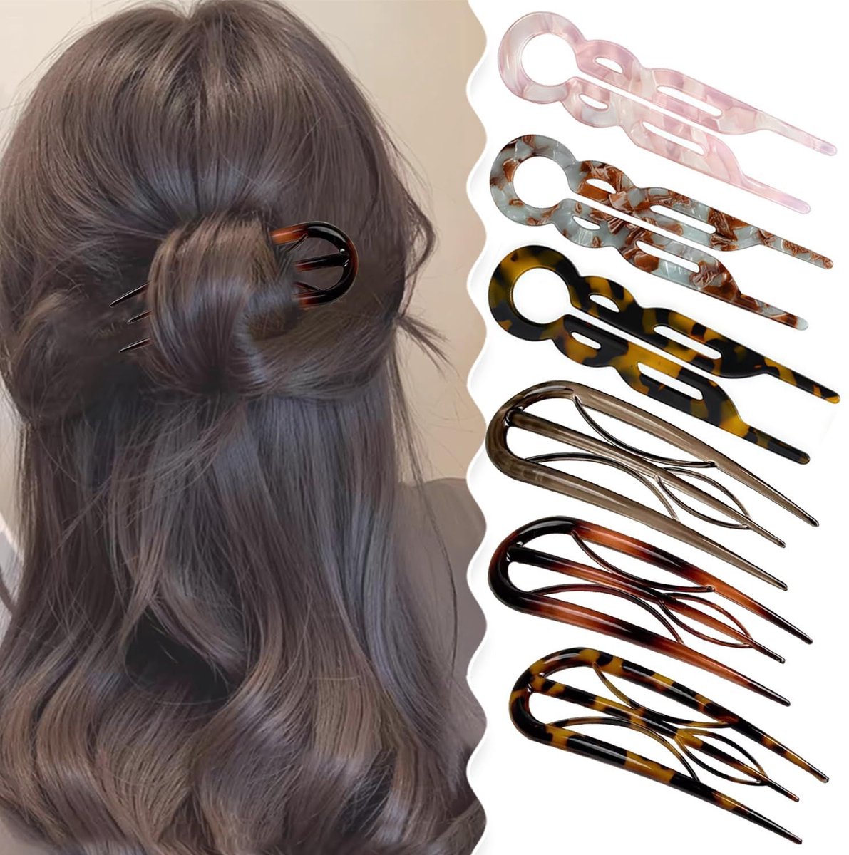 U-vormige Haarspelden van Acetaat - 11,5cm - 6 Kleuren Set -Trendy Knoopspelden - Rond Uitgesneden - Voor Half-opgestoken Kapsels