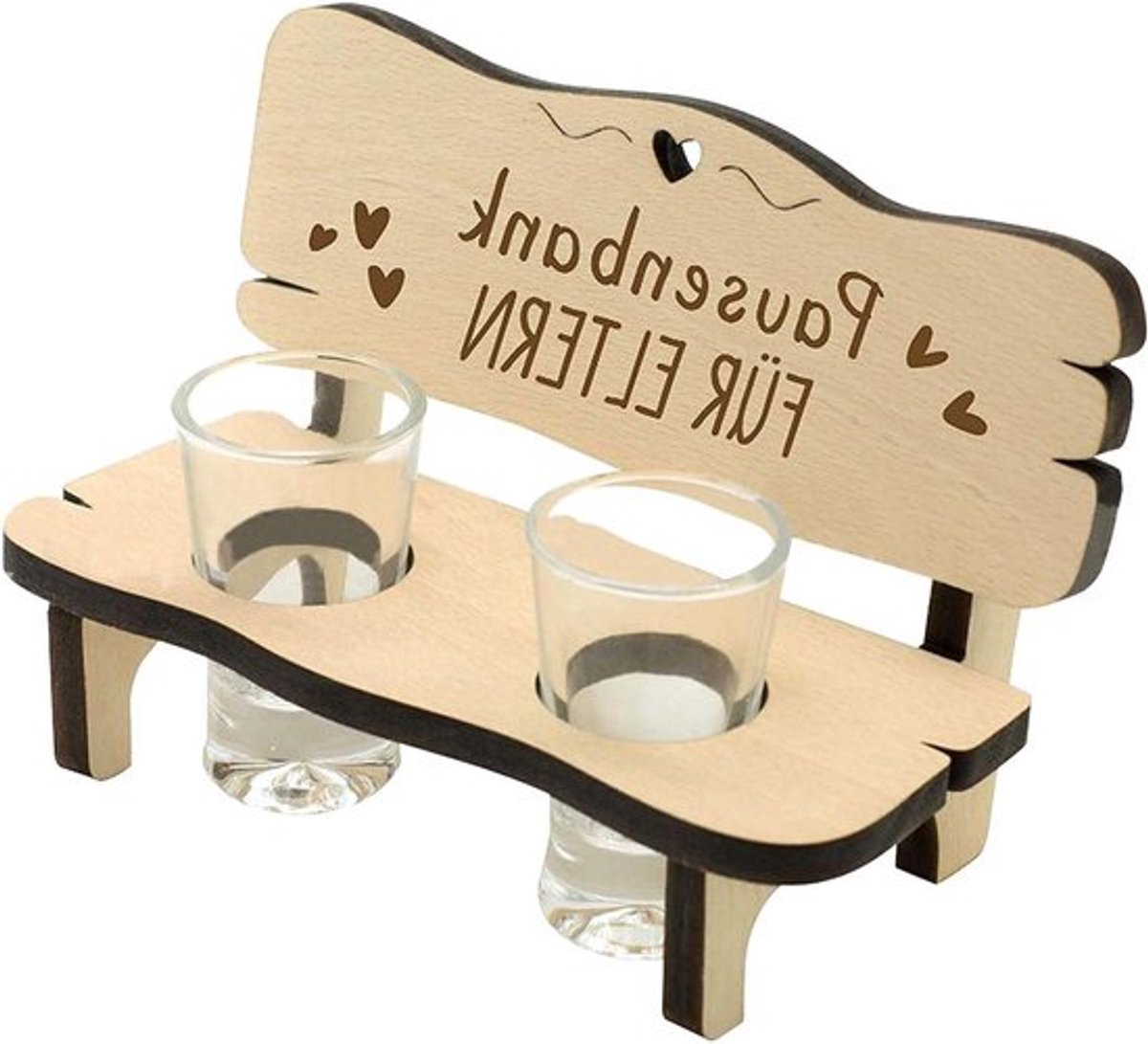 Gepersonaliseerde houten borrelbank met gravure en borrelglazen, ideaal cadeau voor verjaardag, geschikt als geschenk voor mannen en grootouders
