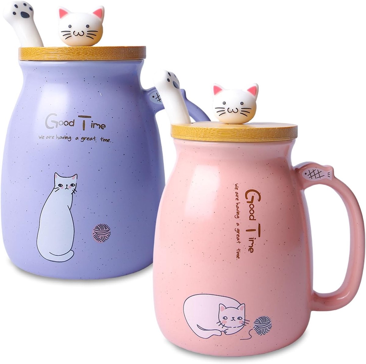 Set van 2 Schattige Kattenmokjes, Keramische Koffiemokken van 380 ml met Liefdevolle Kitty Deksel en Lepel, Perfect voor Melk, Thee en Cadeaus voor Vrouwen en Meisjes