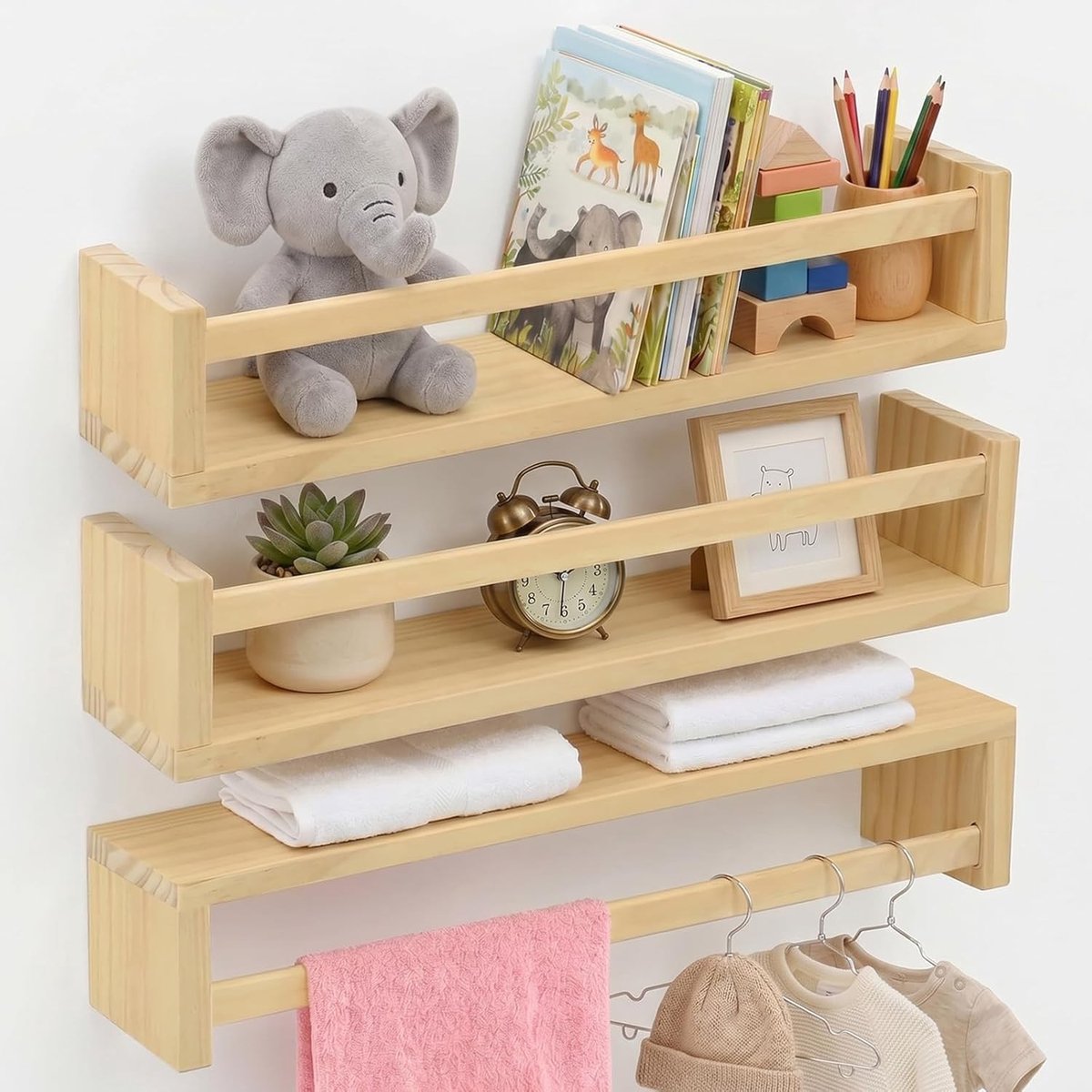 Drijvende Boekenkast Set van 3 Stukken, Houten Planken voor Boeken, Foto's en Speelgoed, 42 x 10 x 9.2 cm, Perfect voor Woonkamers en Slaapkamers