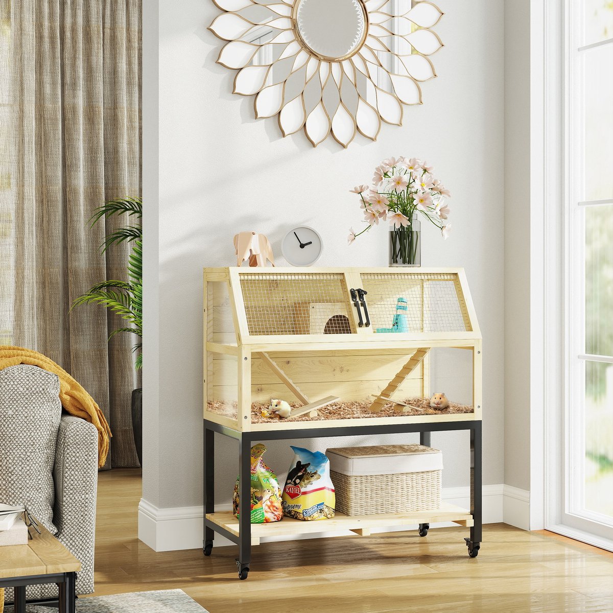 MIVRAY Knaagdierkooi – 87 x 43 x 101 cm – Dubbel Verdiep Met Wielen – Hout Metaal Kunststof – Natuurkleur – Voor Hamster Gerbil En Rat
