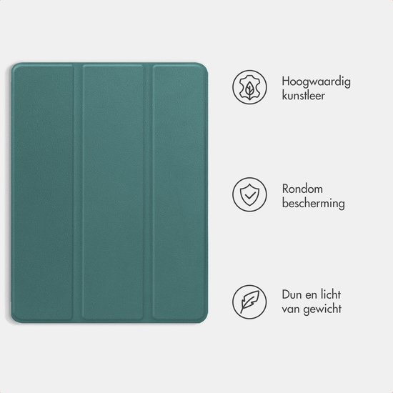 Étui pour tablette vert foncé design trifold, texte sur cuir artificiel, protection et poids.