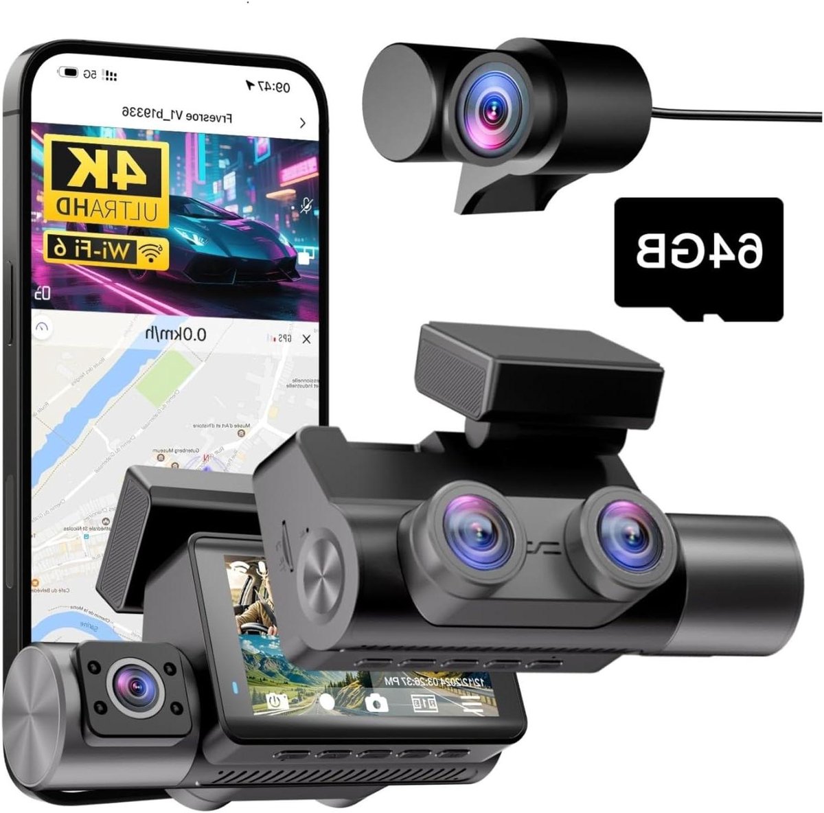Dashcam Auto - 3 Kanaals Camera - Veilig Rijden Vastleggen - 4K UHD Nachtzicht - 64GB Kaart - Zwart