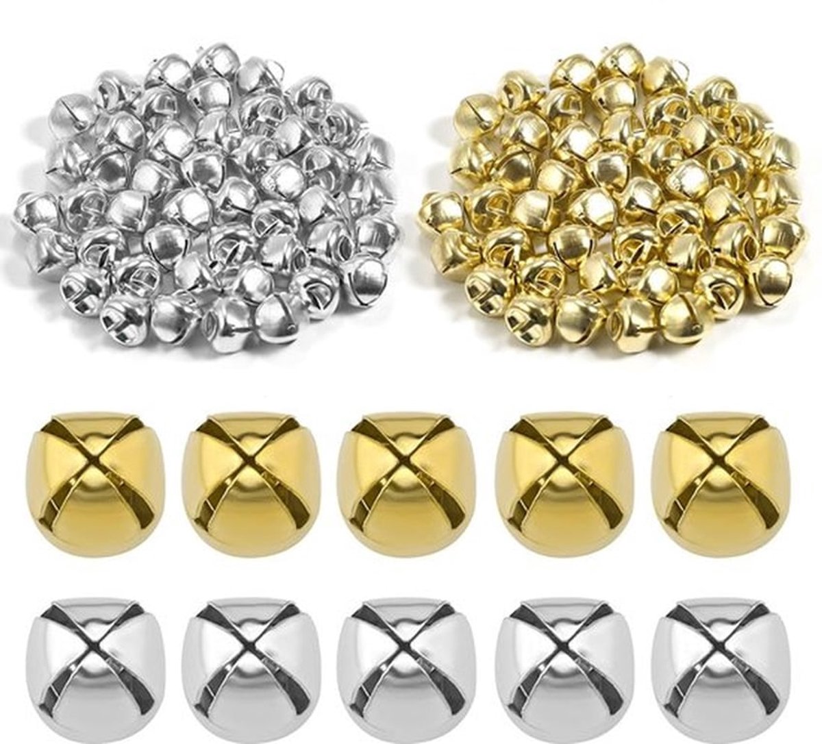 100 stuks Kerst Jingle Bells. Kleine Metalen Craft Bells voor DIY Festival Thuis Kerst Decoratie (50st Zilver en 50st Goud. 0.5 inch)