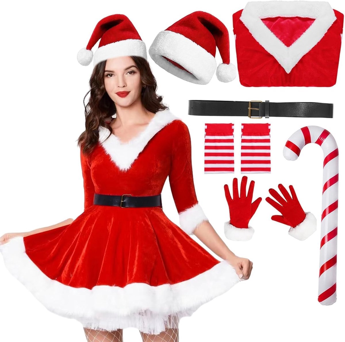 Kerstkostuum voor Dames van Fluweel met Ceintuur, Hoed, Handschoenen en Sokken voor Feestelijke Cosplay