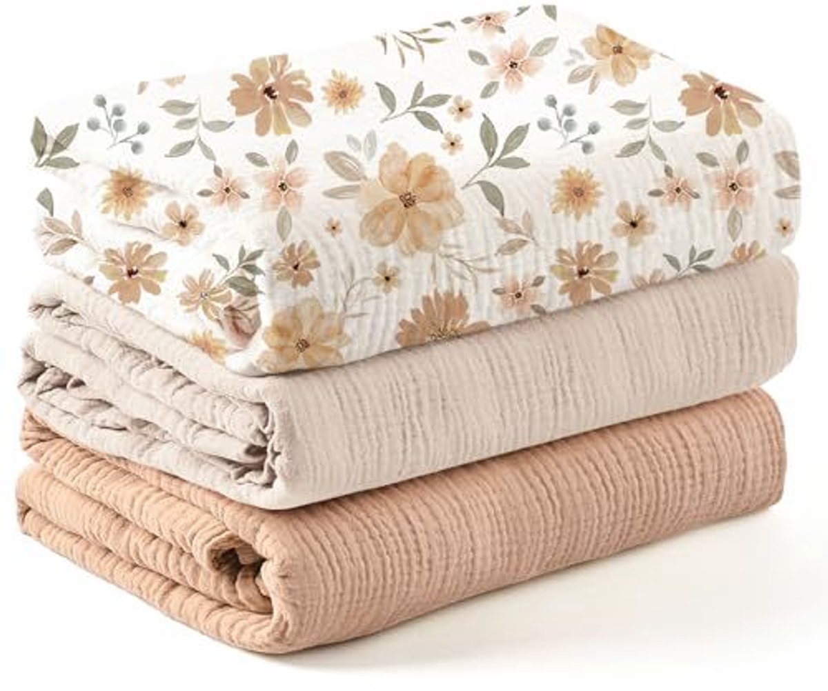 Babywikkeldekenset, 3-delig, gemaakt van een mix van katoen en bamboegaas, te gebruiken als wikkeldoek, luier, geruite slaapzak, deken, handdoek en slabbetje, Kleur 4,100*100cm