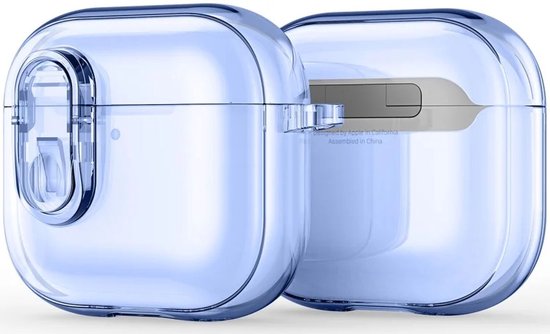 Transparant blauw hoesje met aluminium haakje, ontworpen in Californië, geassembleerd in China.