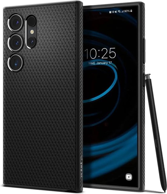 Zwart Spigen hoesje naast een smartphone met S Pen. Het hoesje heeft een driehoekig patroon.