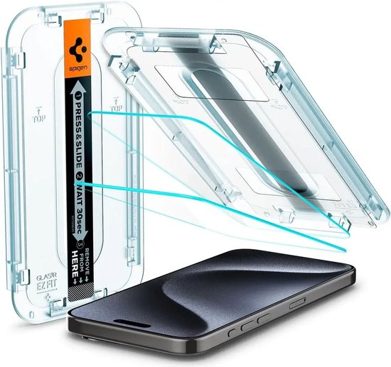 Spigen EZ Fit installatie frame met iPhone 15 Pro, blauwe lijnen tonen plaatsing.