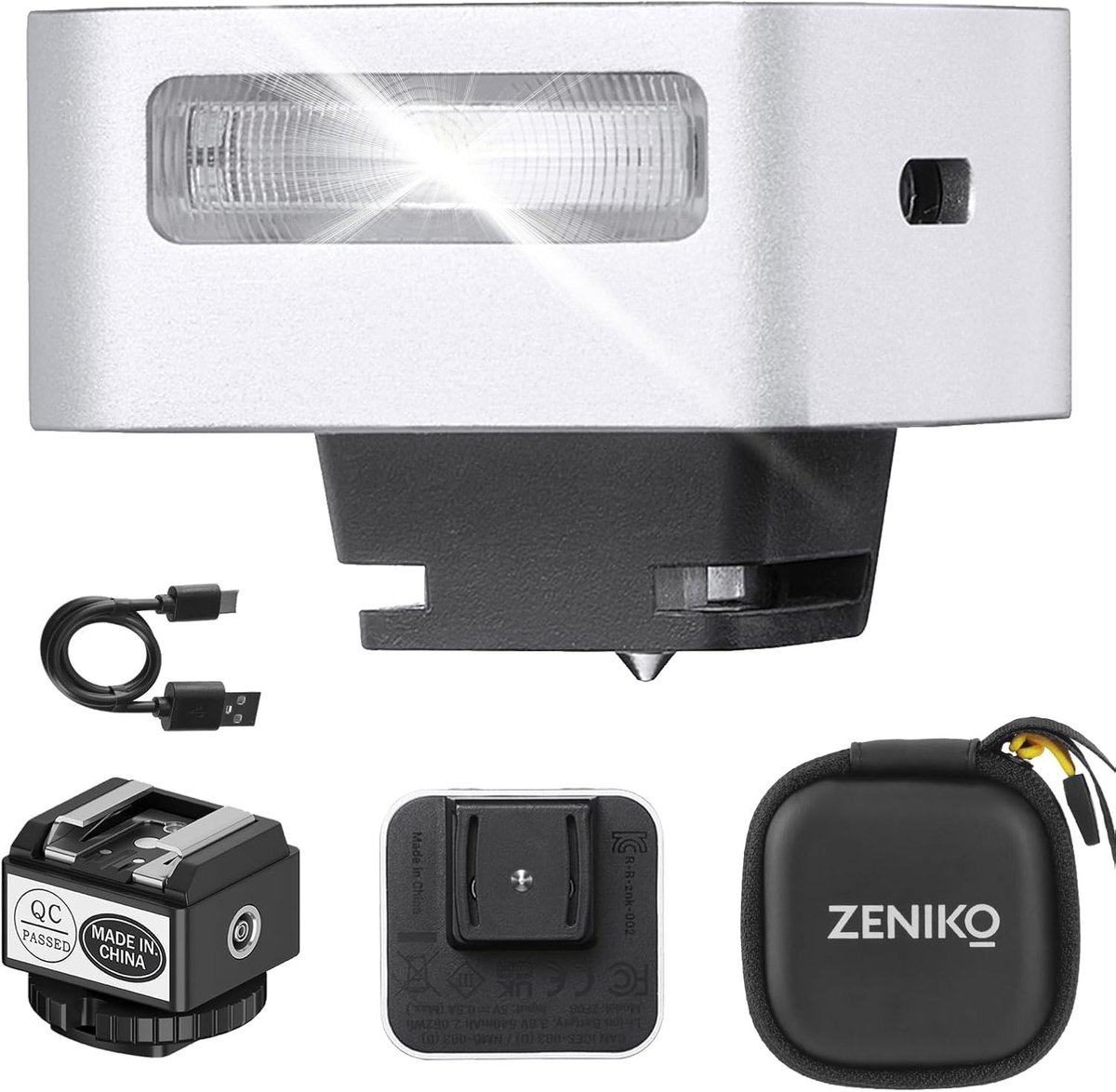 Camera Flitser met Verstelbare Helderheid (5 Niveaus), Type C Opladen, Universele Klembevestiging en Accessoire Houder van IJzer, Zilver