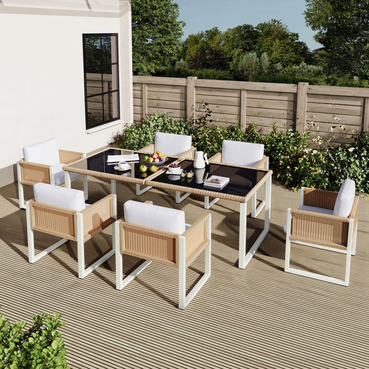 STILVORA Tuinset - 6-Persoons Eettafel Met 6 Stoelen En Kussens - Voor Tuin En Terras - PE-Rattan En Glas - 170x80x75 Cm - Bruin En Wit
