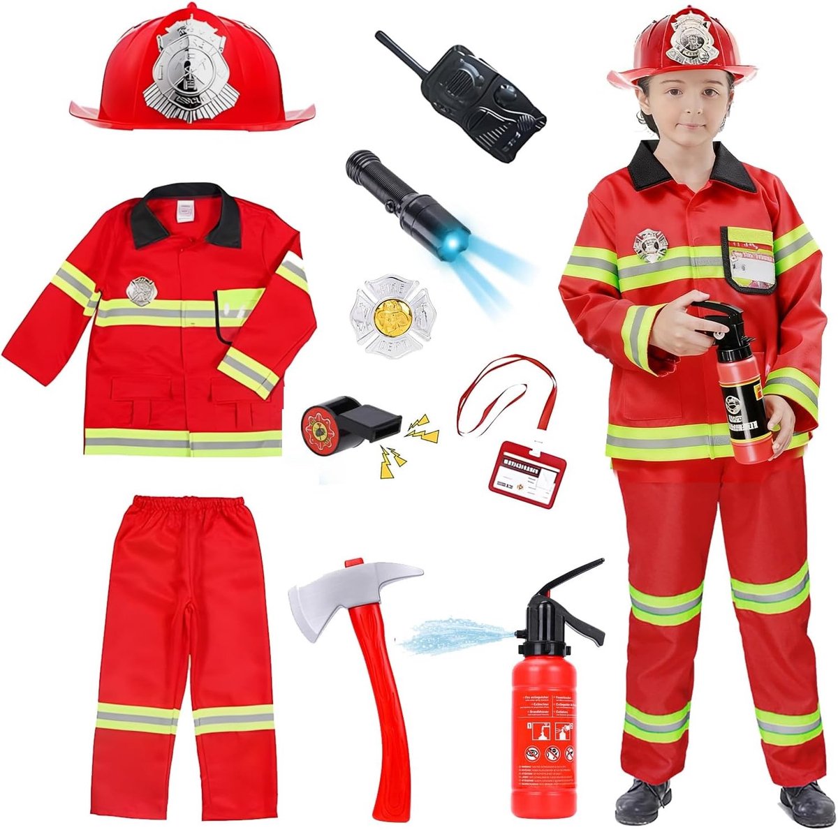 Brandweer Kostuum voor Kinderen, Inclusief Brandweerman Helm en Blusser, Perfect voor Carnaval, Cosplay en Rollenspel, Geschikt voor Leeftijd 3 tot 8 Jaar