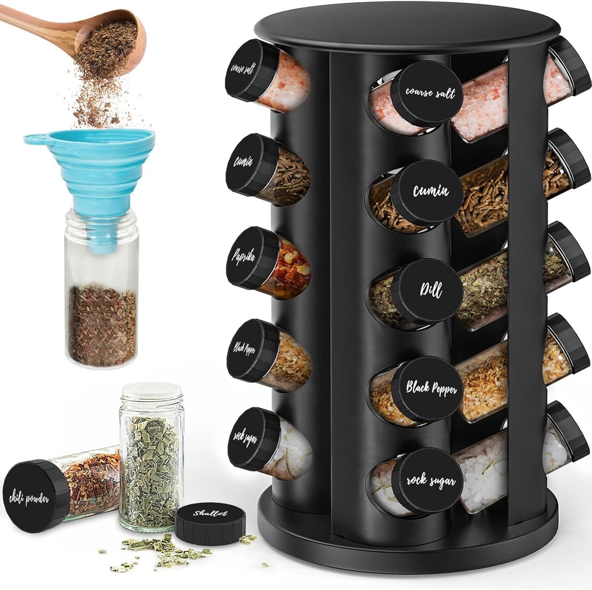 Rotating Specerijenrek Organizer met 20 Specerijenpotjes van RVS, Inclusief Stickers en Vouwtrechter voor Keuken, Zwart en Praktisch Gebruik