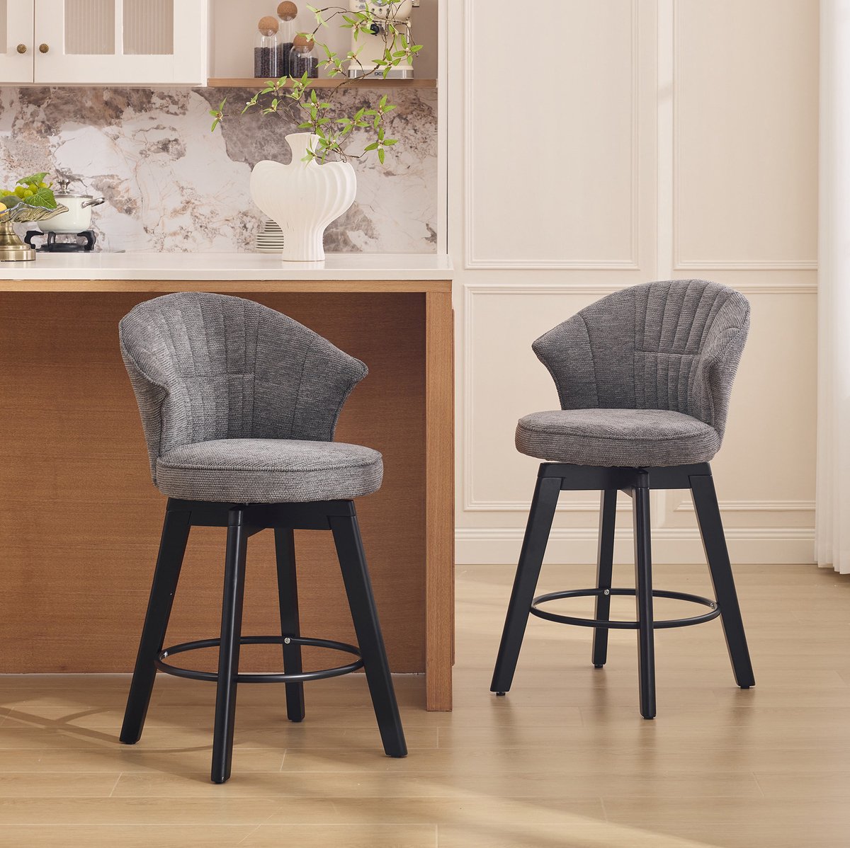 OKWISH Barkruk - Draaibaar Met Rugleuning En Voetsteun - Set Van 2 - Chenille Stof - Modern Voor Keukeneiland, Bar En Eetkamer - Grijs