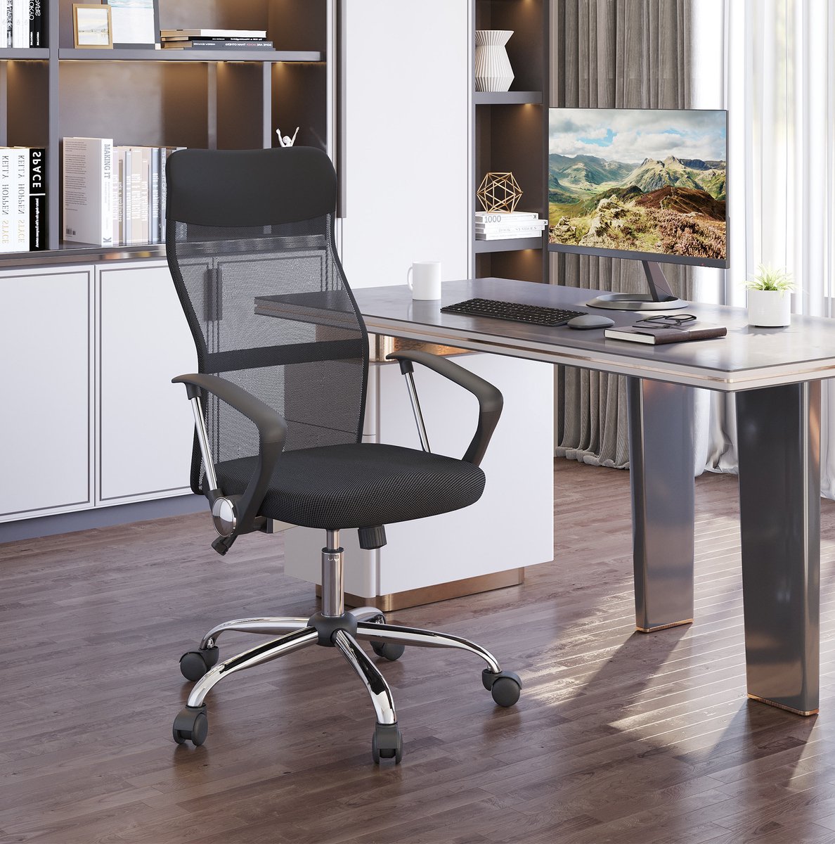 OKWISH Bureaustoel 63 x 65 x 109-119 cm - In Hoogte Verstelbaar Met Mesh Rugleuning, Hoofdsteun En Wippfunctie - Voor Kantoor - Zwart