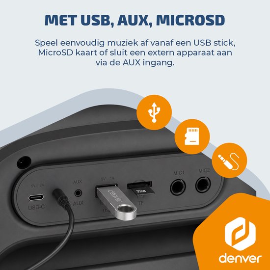 Denver Bluetooth Speaker Party box - Discolichten - Partyspeaker incl. draadloze microfoon & afstandsbediening - Luidspreker - 6,5" woofer - BPS170 van Denver — afbeelding 5