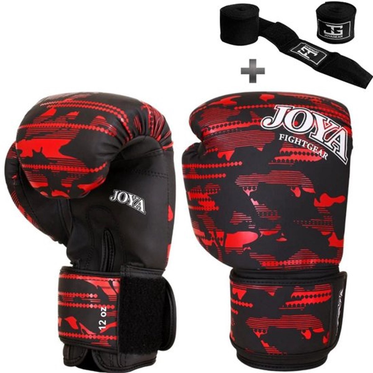 Joya Kickbokshandschoenen Camo V2 – Rood – PU Leer – 12 oz – Voor Kinderen & Volwassenen – Boksen & Kickboksen - Inclusief Bandage