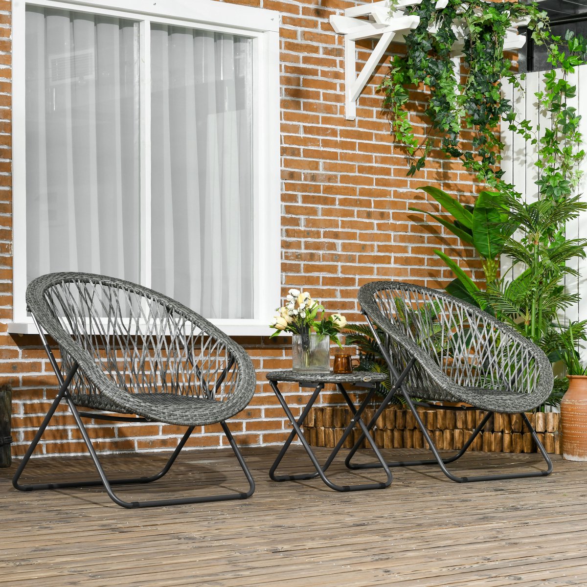 STILVORA Bistroset - Inklapbare 3 Delige Tuinset Met 2 Stoelen En Ronde Tafel - Voor Balkon, Terras En Tuin - Grijs - 76x77x78 Cm
