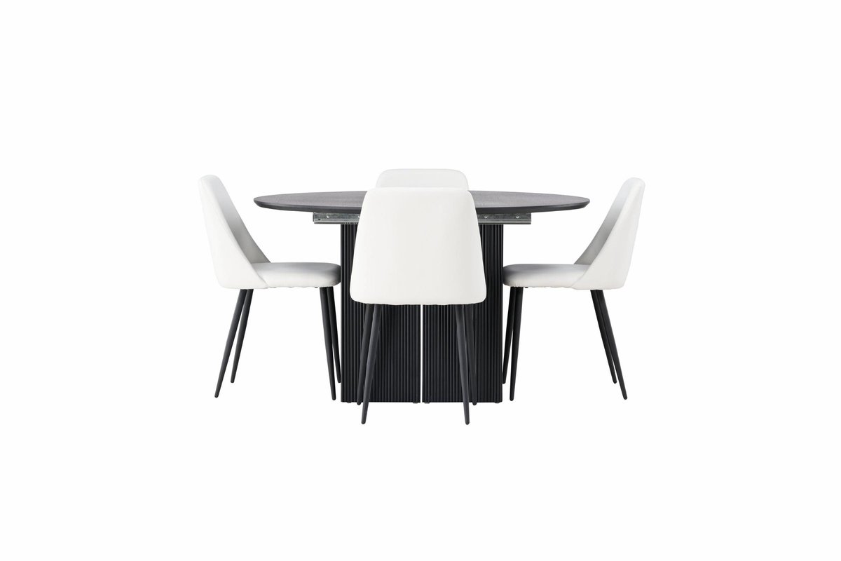 Matilda eethoek eettafel met uitschuifbare functie zwart 4 stoelen PU kunstleer wit.
