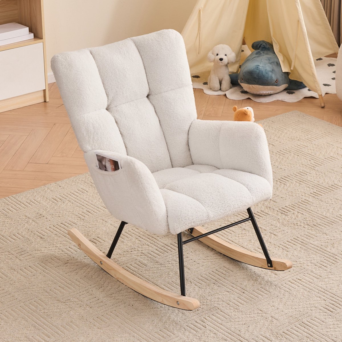 MIVRAY Schommelstoel - Mid-Century Fauteuil - Niet Verstelbaar Met Hoge Rugleuning En Armleuningen - 80 x 70 x 95 cm - Teddystof Wit
