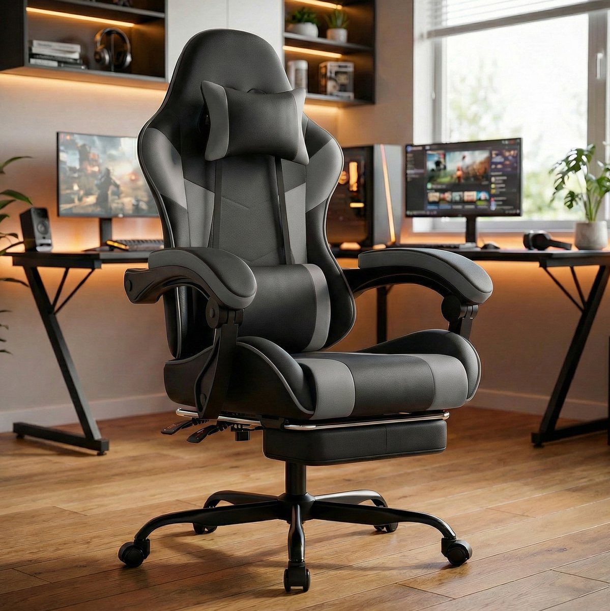 DESMIU Gamingstoel 63 x 62 x 121-131 cm - Ergonomisch Met Hoofdsteun, Lendensteun En Verstelbare Rugleuning - Voor Gamen En Kantoor - Kunstleer Zwart Grijs
