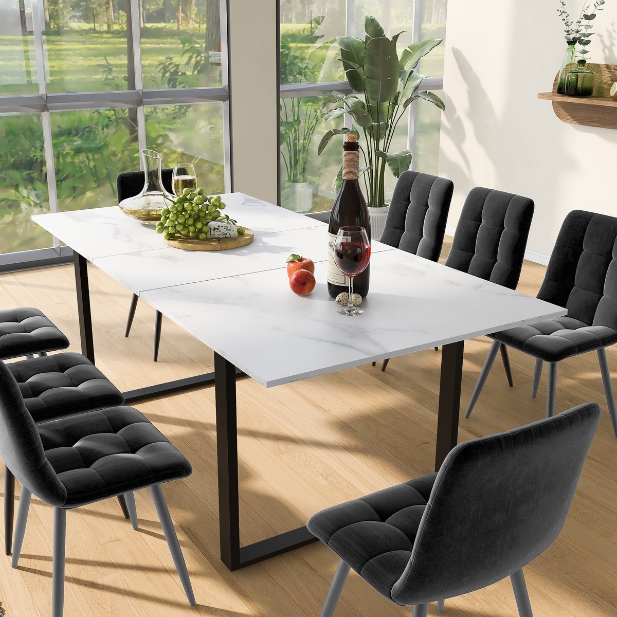 DESMIU Set Tafel En Stoelen 140/180 x 80 x 75 cm - Uitschuifbare Eettafel Met 8 Stoelen - Voor Eetkamer En Keuken - MDF Metaal Wit Grijs