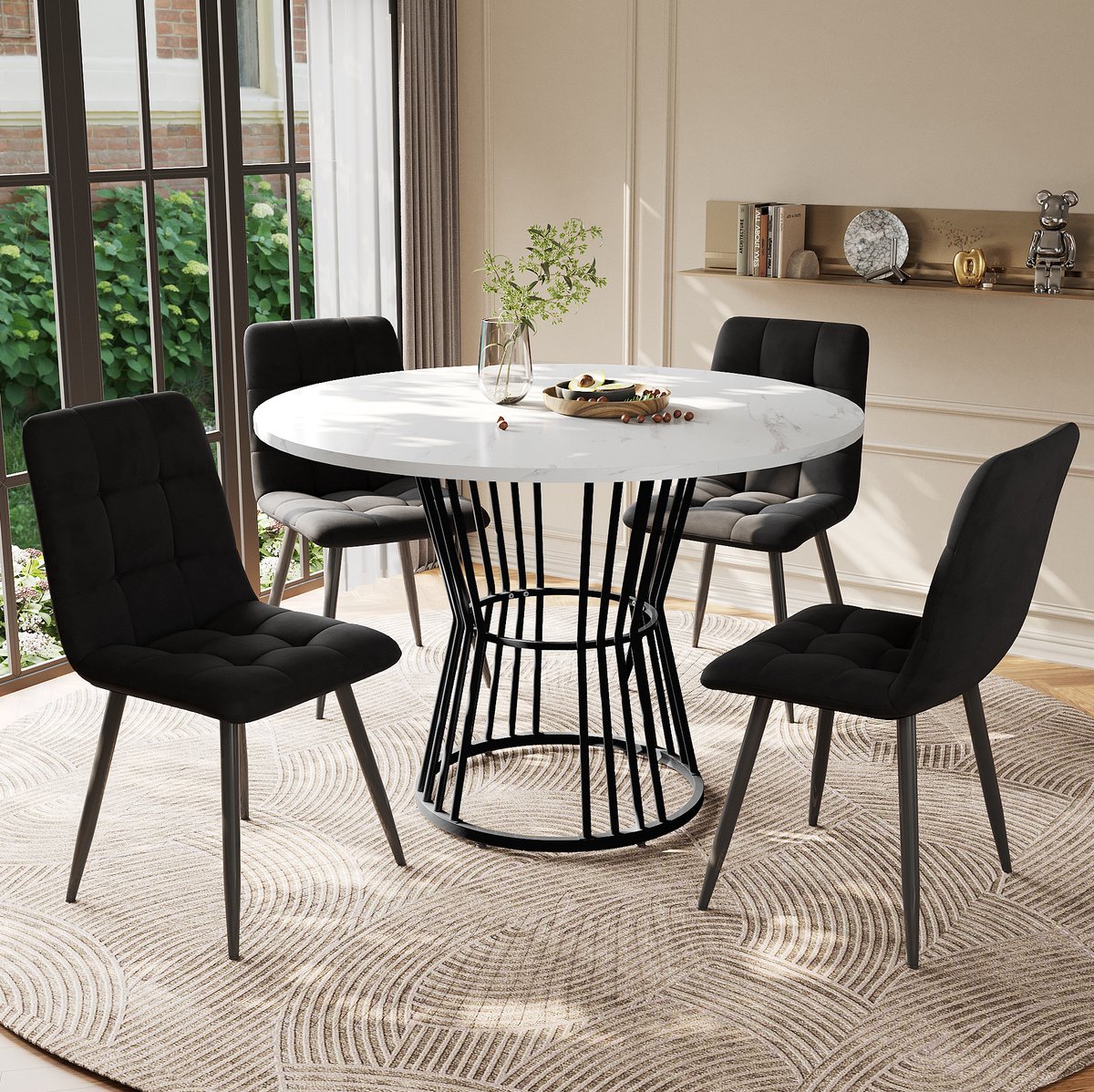 DESMIU Eettafelset 100 Cm - Ronde Eettafel Met 4 Stoelen En Verstelbare Voet - Voor Eetkamer En Keuken - MDF En Metaal - Zwart Wit