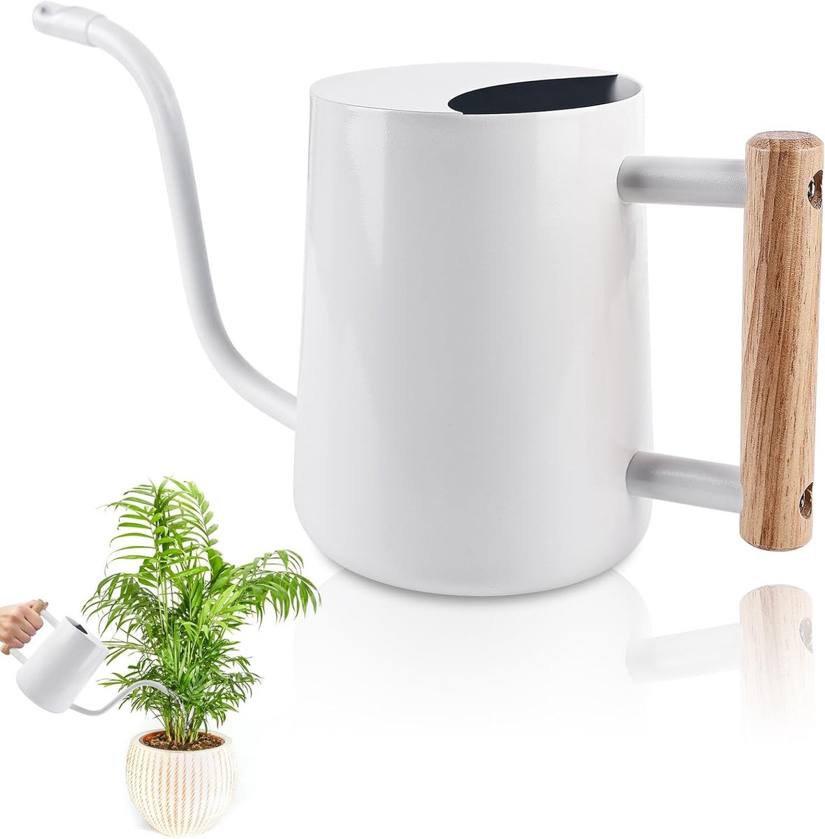 Stalen Gieter voor Binnenplanten met Lange Tuit en Houten Handvat - 1 Liter Vintage Waterkan voor Succulenten en Bloemen, Perfect voor Balkon en Kantoor