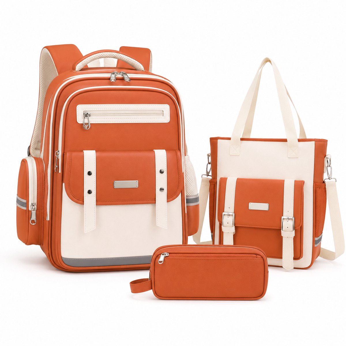VHV - Schoolrugzak 3-delige set - met bijtas en etui - 35L - voor jongens en meisjes - Oranje