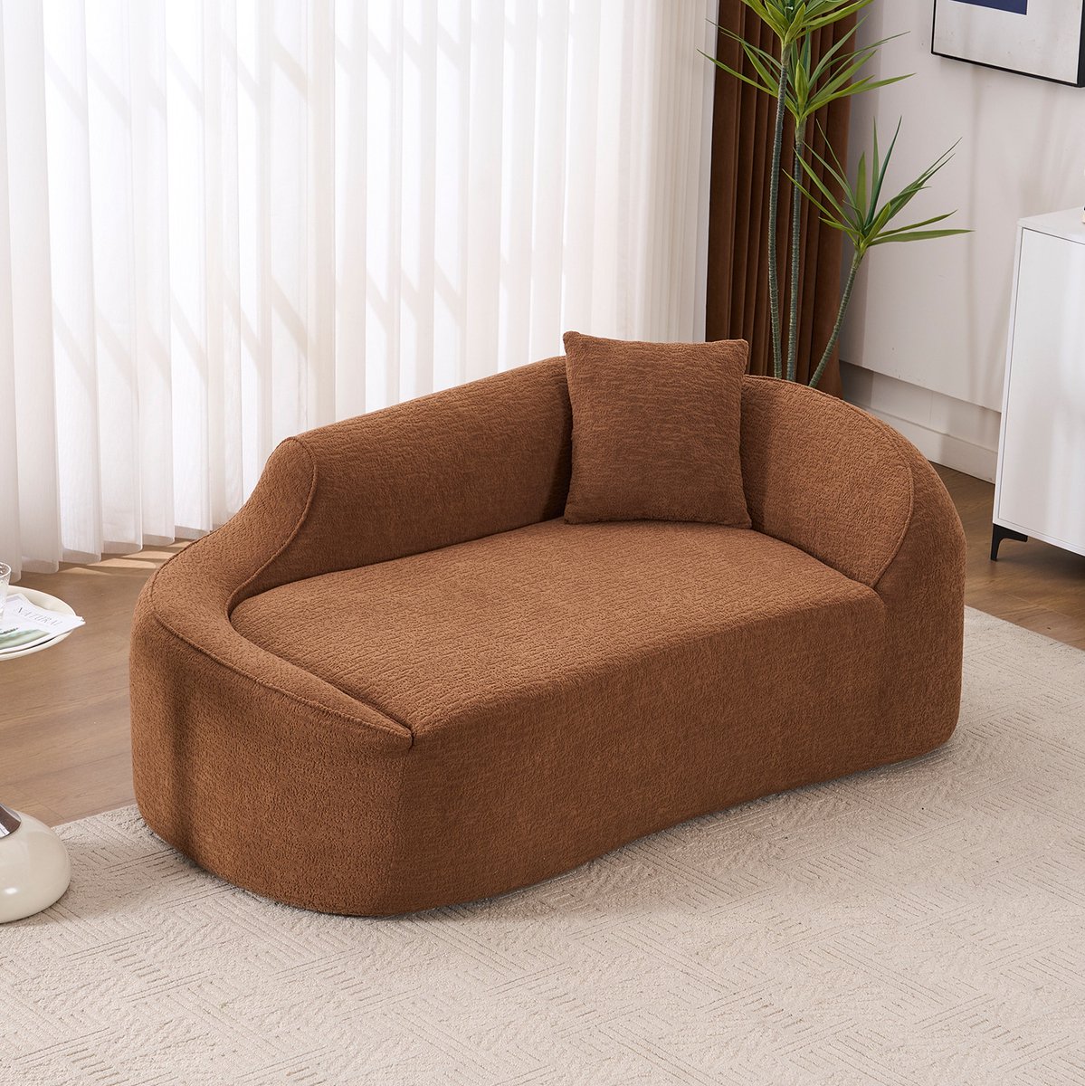 Wishdor - Chaise longue - Gebogen 2-zits met diepe zit en 1 kussen - modern voor woonkamer of slaapkamer - chenille stof - karamel - 155 x 96 x 65 cm