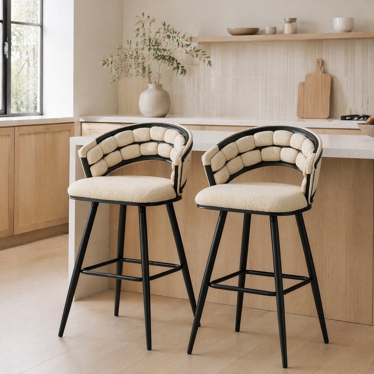 OKWISH Barkruk - Set Van 2 Met Gevlochten Rugleuning En Voetsteun - Voor Keukenblad Of Bar - Velvet En Metaal - Beige En Zwart