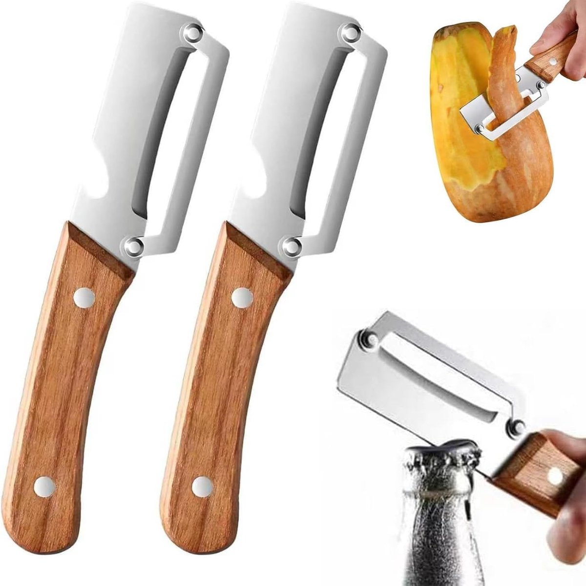2-in-1 Groentenschaar met Houten Handvat en Flesopener, RVS Aardappelmes voor Keuken, Ideaal voor Komkommer, Tomaten en Wortelen (2 stuks)