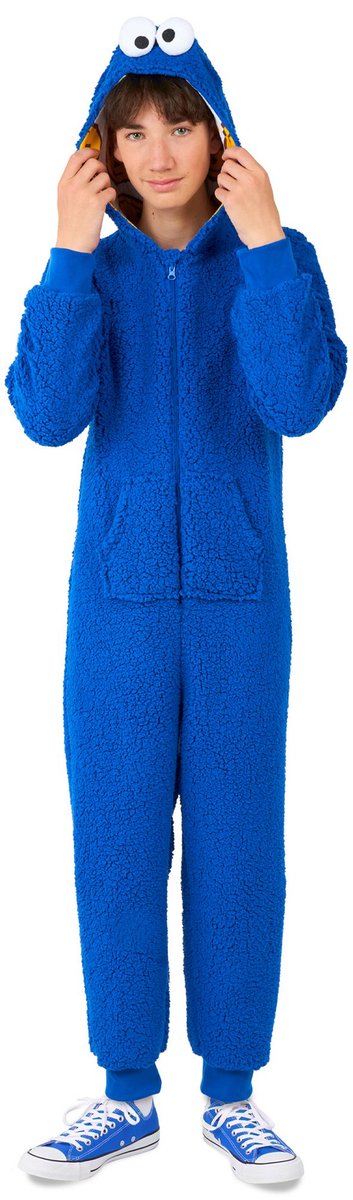 OppoSuits Cookie Monster Kids Onesie - Sesamstraat Huispak - Kinder Kleding voor Koekiemonster Outfit - Carnaval - Blauw - Maat: XL - 158/164 - 170/176 - 14-16 Jaar