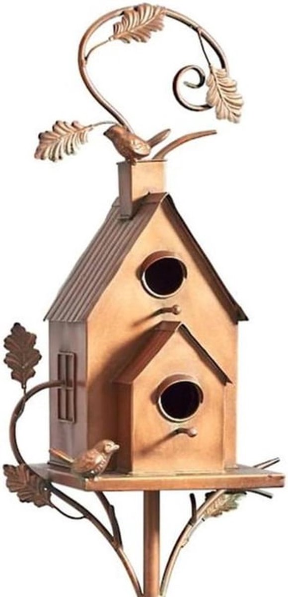 Decoratief vogelhuis met paal van metaal in kunstzinnig ontwerp, ideaal als voedersysteem en sfeervolle tuinversiering voor kolibries en kleine vogels