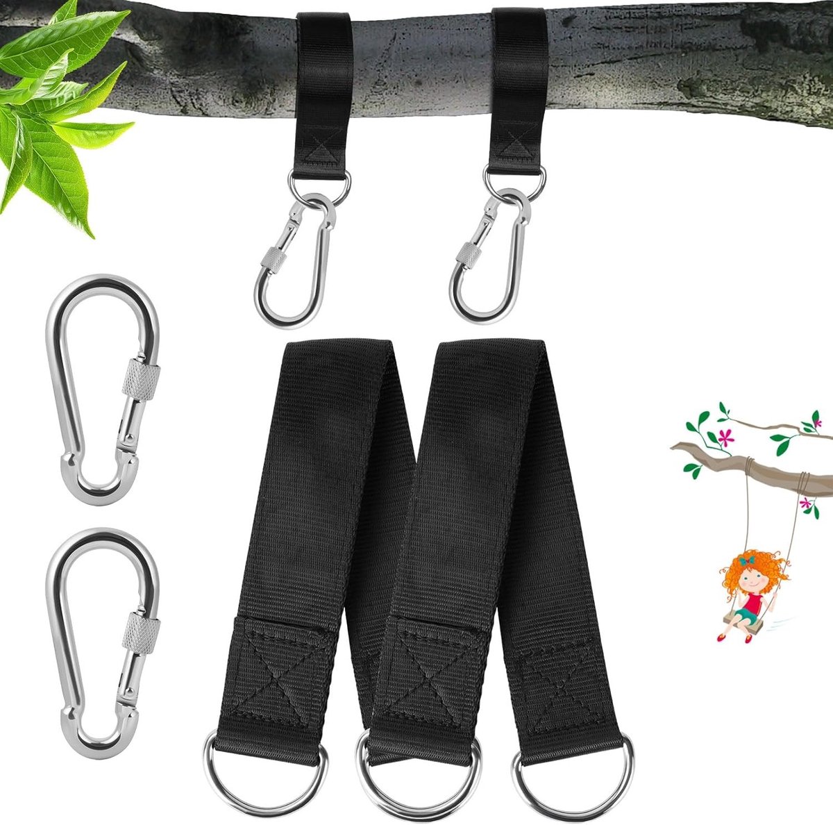 Complete Hangset voor Schommels met Karabiners, D-Ringen en Boombeschermers - Ideaal voor Hangmat en Hangstoel