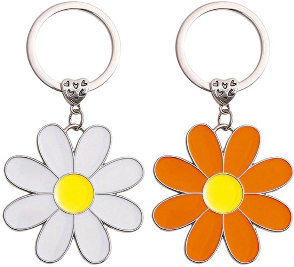 2 stuks madelief sleutelhangertjes voor vrouwen witte oranje bloemen klassieke zinklegering hartvorm