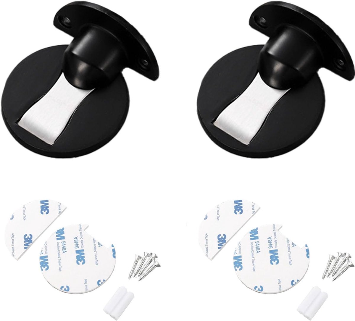 Set van 2 Magnetische Deurstoppers van Roestvrij Staal - Onzichtbare Deurstoppers met Plakband en Schroeven voor Muurbevestiging